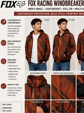 Fox Racing Windbreaker Jacket Mens Small Multi Abstract Logo‎ Full Zip